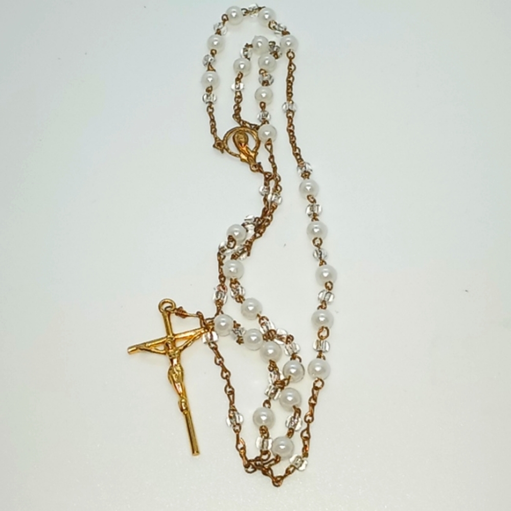 First Baptism Communion Rosary Gold Tone Crucifix Holy Mother Faux Pearls
